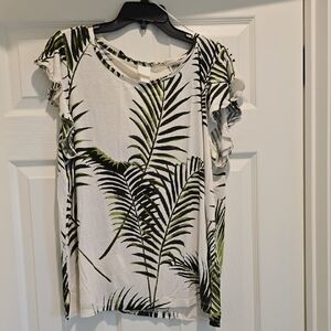 H&M Green Leaf Print Ruffle Sleeve Tee